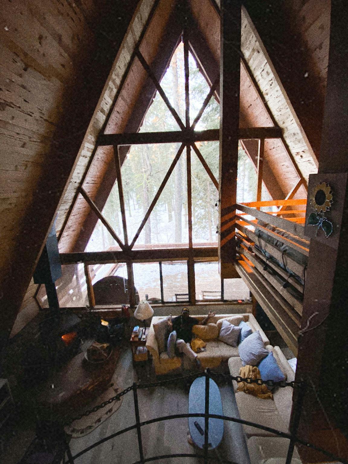 The interior of a beautiful A-frame home.